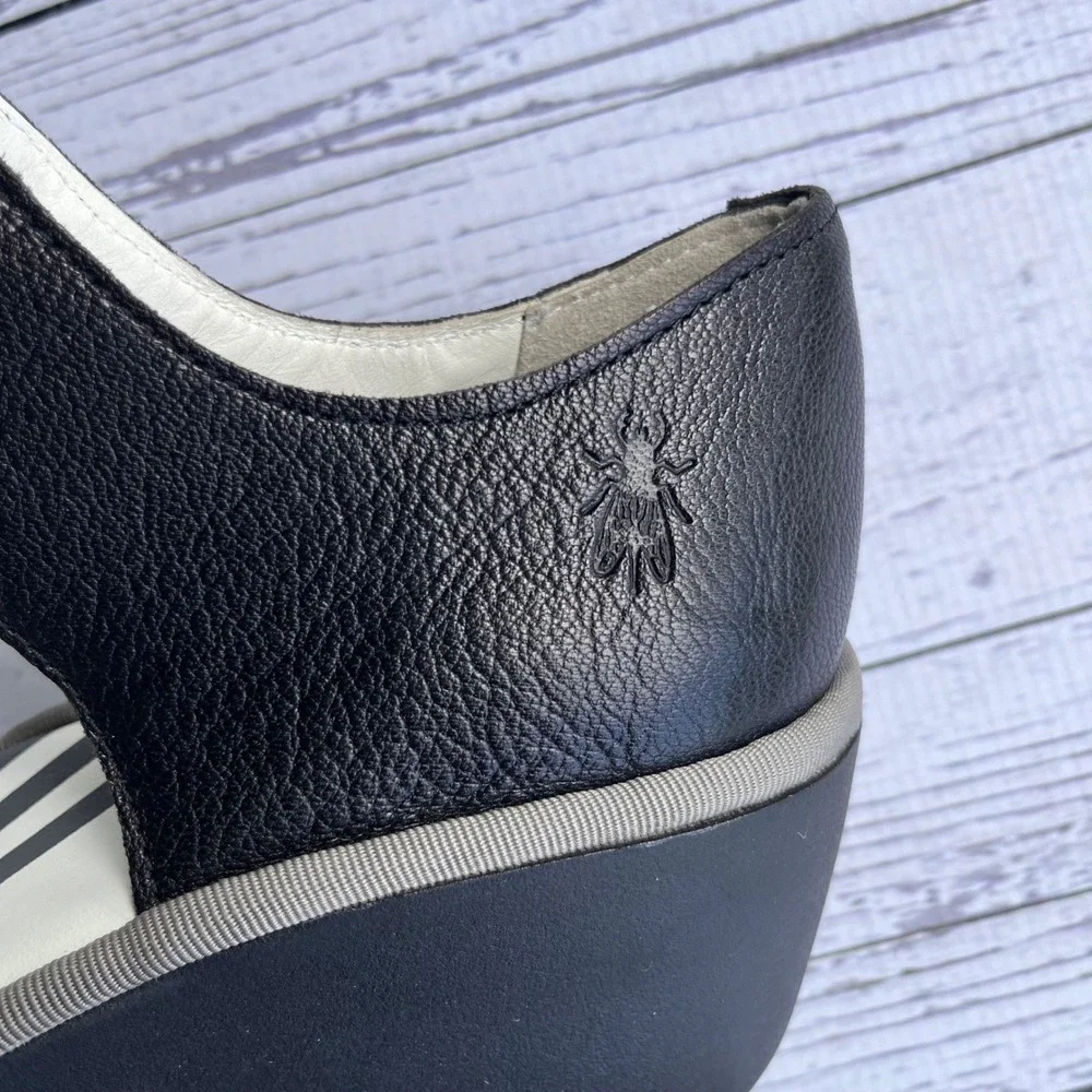 FLY LONDON Black White‎ Leather Lace Up Platform Wedge Sandals EU39 US8-8.5